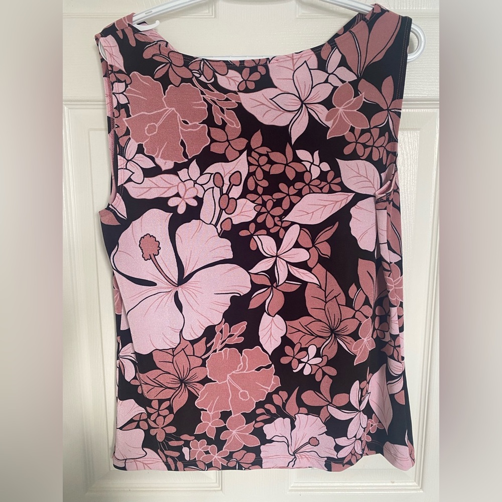 KIM & CO Pink and Black Floral Sleeveless Cowl NeckTop